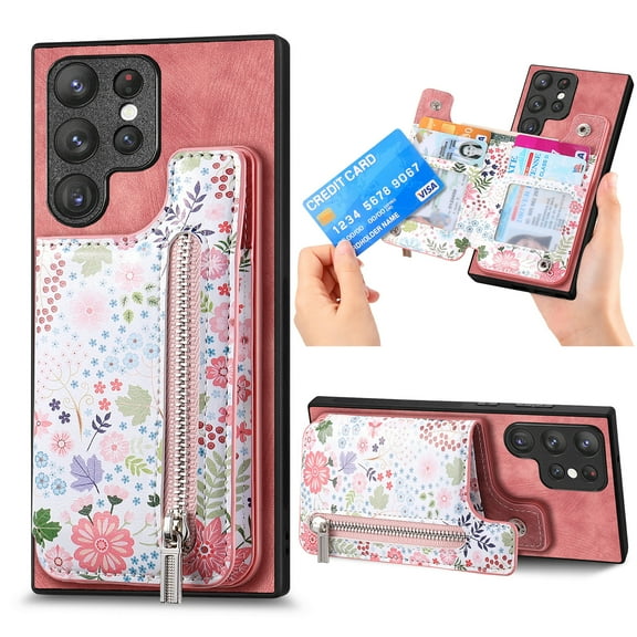 Flower Pattern Zipper Wallet Case for Samsung Galaxy S23 Ultra with Card Slots & Kickstand & RFID Blocking, Slim PU Leather Flip Case for Women Girls, Shockproof Magnetic Car Mount Cover, Pink