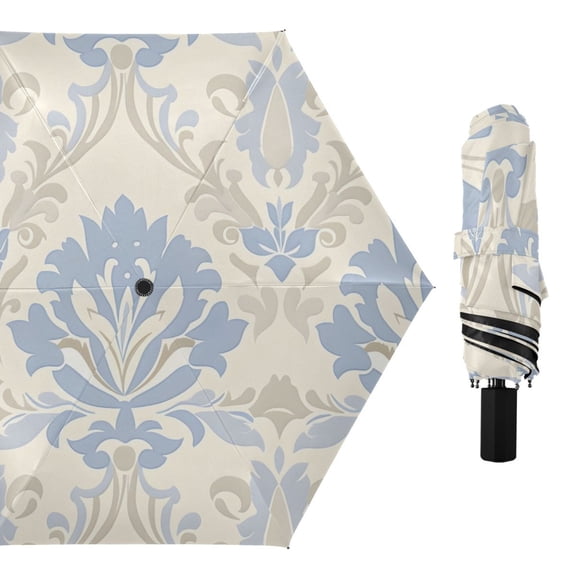 Flower Pattern in Light Blue and Beige All Weather Umbrella Triple Folding Parasol 6 Ribs UV Protection Portable
