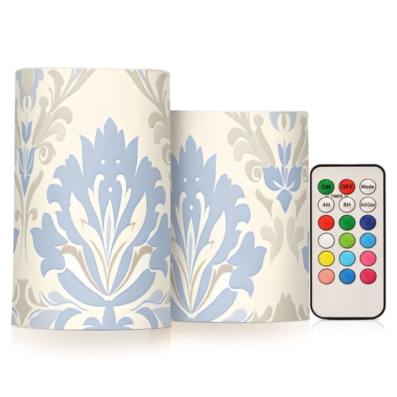 Flower Pattern in Light Blue and Beige Flickering Flameless Candles LED Tealight Battery Operated with Remote Set of 2 Holiday Decor Ornaments