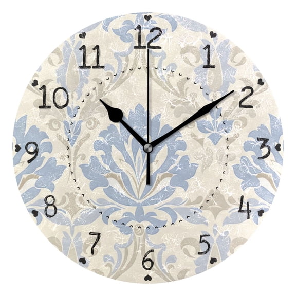 Flower Pattern in Light Blue and Beige Round Wall Clock Silent Analog Battery Operated Black Pointer Home Decor 9.84" Diameter
