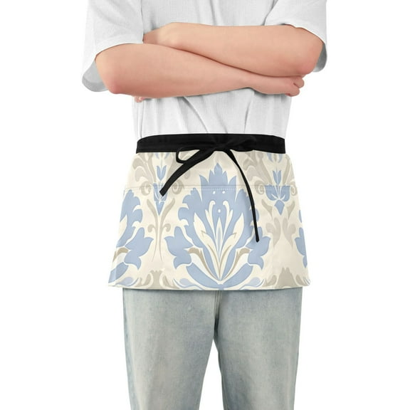 Flower Pattern in Light Blue and Beige Short Server Apron with 3 Pockets for Unisex Chef Gardening