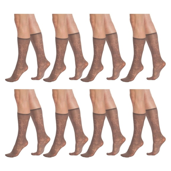 Flower Patterned 8 Pairs Sheer Knee Socks for Women 15 Denier Stay up Band (Mink)