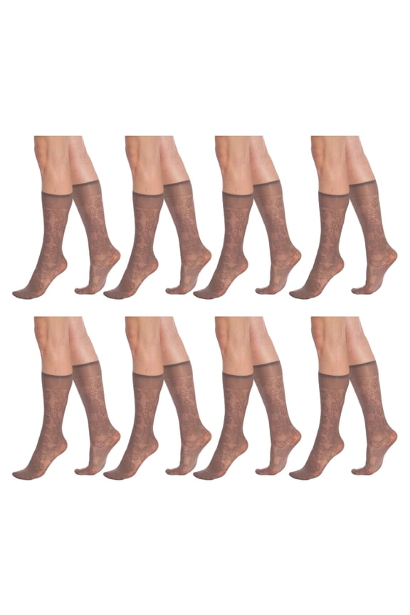 Flower Patterned 8 Pairs Sheer Knee Socks for Women 15 Denier Stay up Band (Mink)