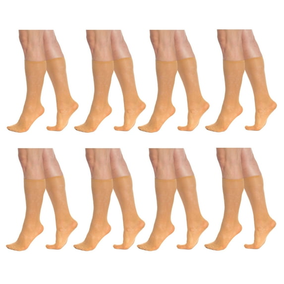 Flower Patterned 8 Pairs Sheer Knee Socks for Women 15 Denier Stay up Band (Skin)