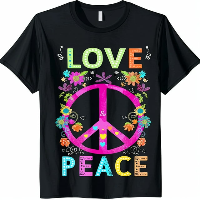 Flower Peace Sign Love & Peace Retro T Shirt Summer Style Black Tee ...