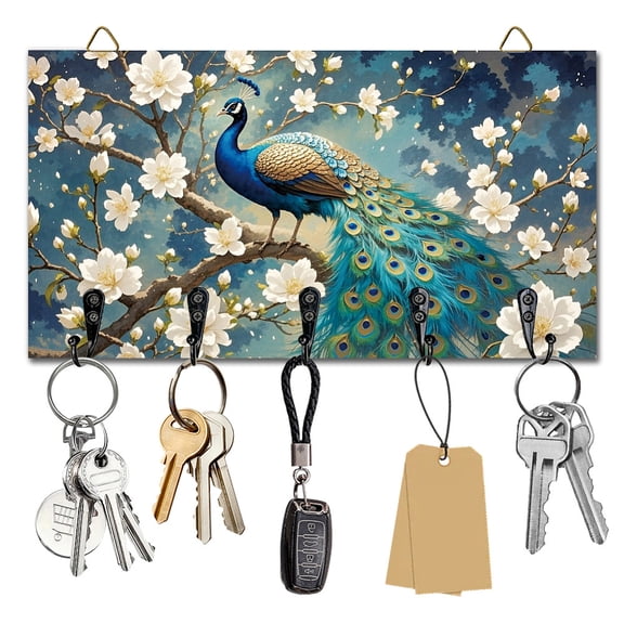 Flower Peacock Key Holder Wall Mounted Display Wooden Key Racks with 5 Metal Hooks Keys Hanger Storage Organizer for Wall Decorative Door Entryway