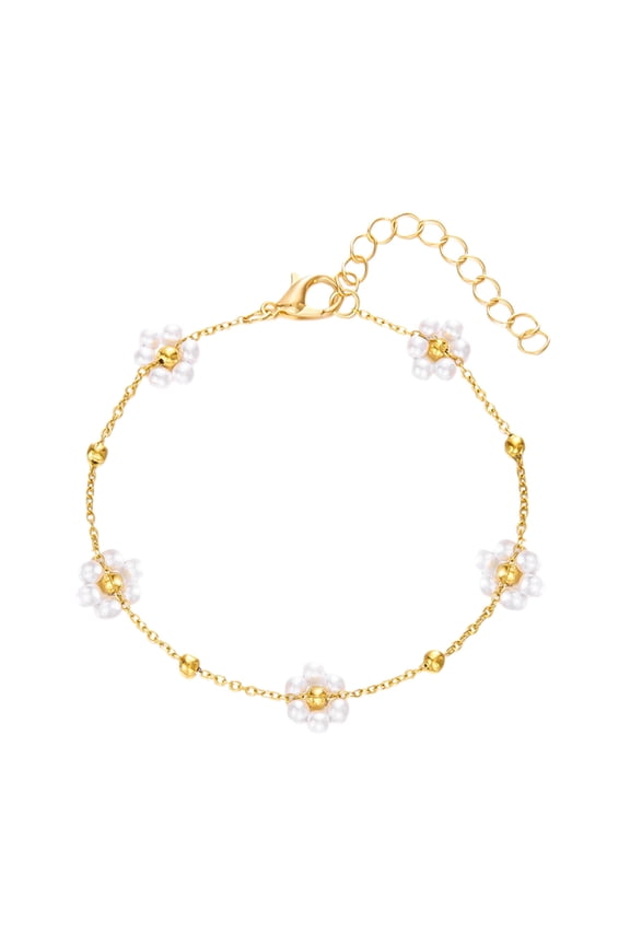 Flower Pearl Bracelet for Women Adjustable Elastic Chain with 5 Imitation Pearls Alloy Jewelry Gift
