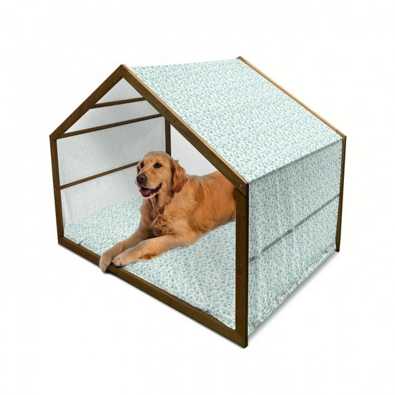 Flower Pet House, Pattern with Flower Stems Blooming Springtime Simple Design Art Print, Outdoor & Indoor Portable Dog Kennel with Pillow and Cover, 5 Sizes, Pale Blue Teal White, by Ambesonne