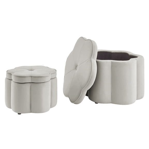 Flower Petal Ottoman Set, 2 Plush Velvet Storage Benches with Nesting Design and Style
