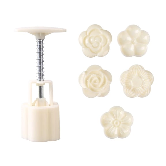 Flower Petals Mooncake Mould - Moon Cake Mold Set - Hand Press Cookie Stamps - DIY Pastry Tool Moon Cake Maker - Flower Mode Patterns for Mid Autumn Festival - White/1 Pressing Mold & 5 Patterns