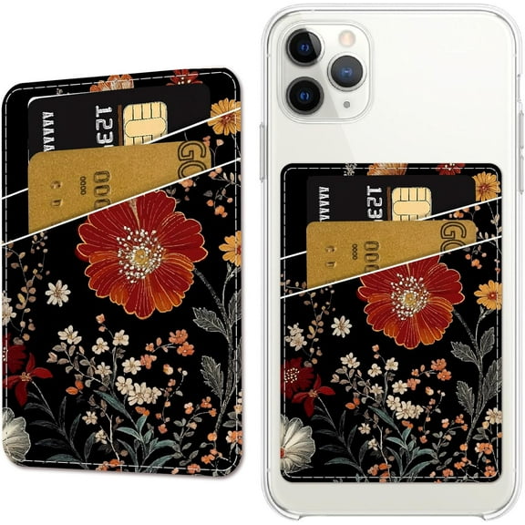 Flower Phone Card Holder Leather Cell Phone Wallet Stick on Adhesive Credit Card Holder Slim Double Pocket Sticker for Back of Phone Case Compatible with Most Phones 3.7 x 2.5 Inch diy