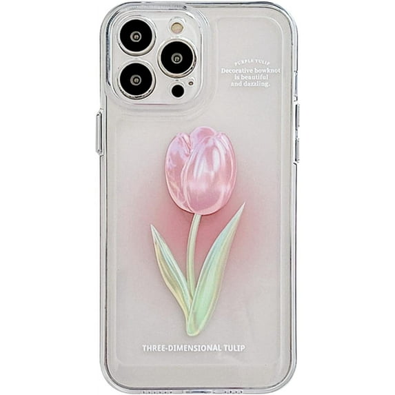 Flower Phone Case for iPhone 11, Cute Aesthetic Pink Tulip Clear Phone Cover for Women Girls