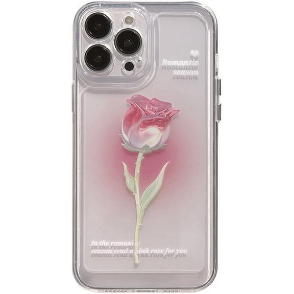 Flower Phone Case for iPhone 12 Pro Max, Cute Aesthetic Clear Pink Gradient Rose Phone Cover for Women Girls
