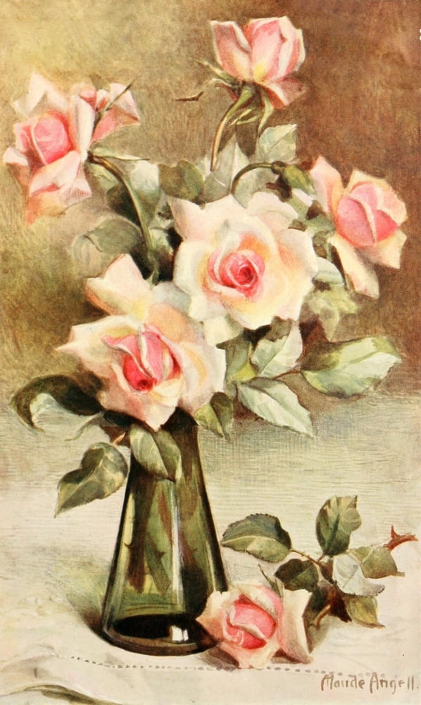 Flower Pictures 1914 Roses in vase Canvas Art - Maude Angell (18 x 24)