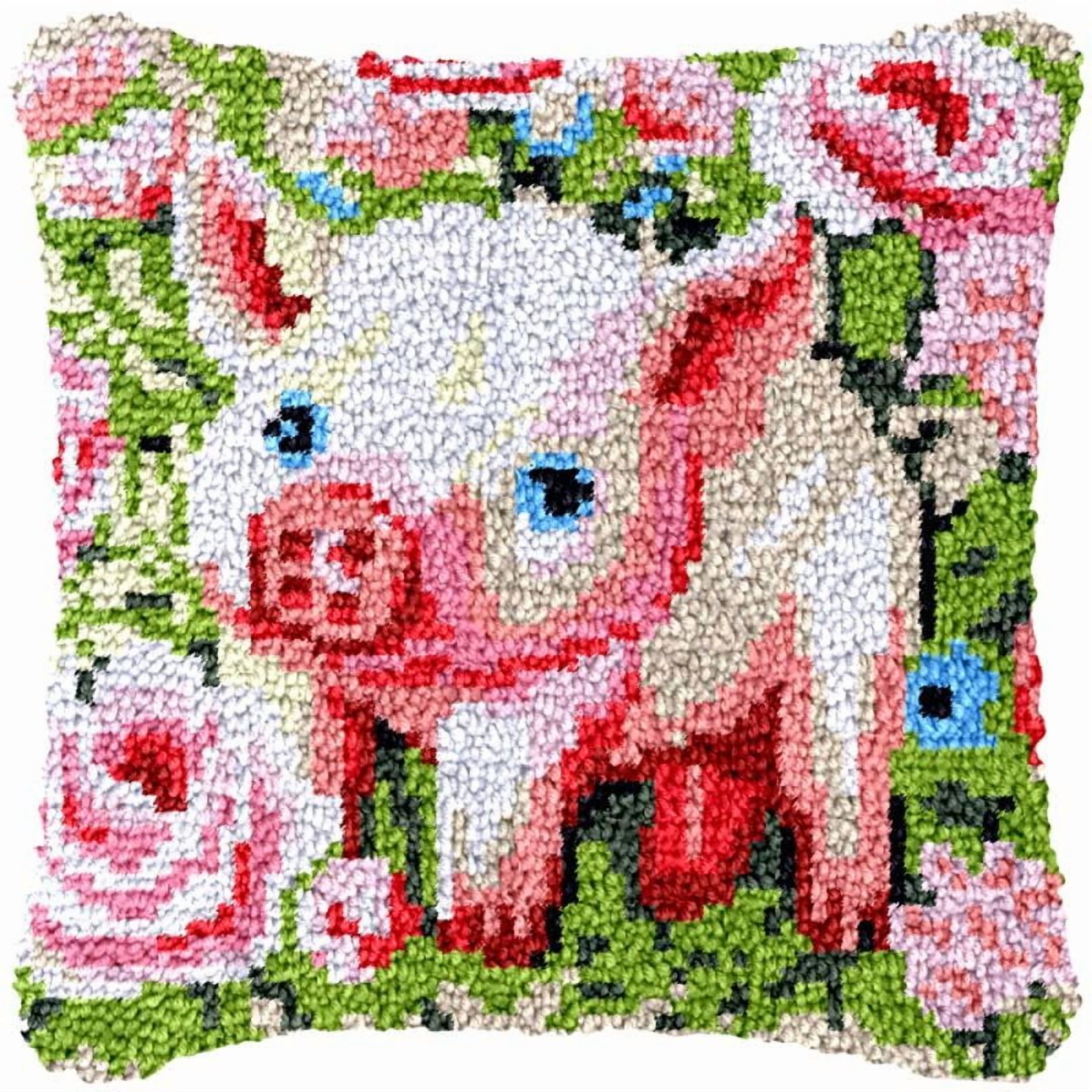 Flower Pig Latch Hook Pillow Cover Kits for DIY Handmade Throw Pillow Cross Stitch Latch Hook Pillowcase Rug Kits with Preprinted Color Pattern Canvas Crochet Yarn Kits 17''X 17''(ys120)
