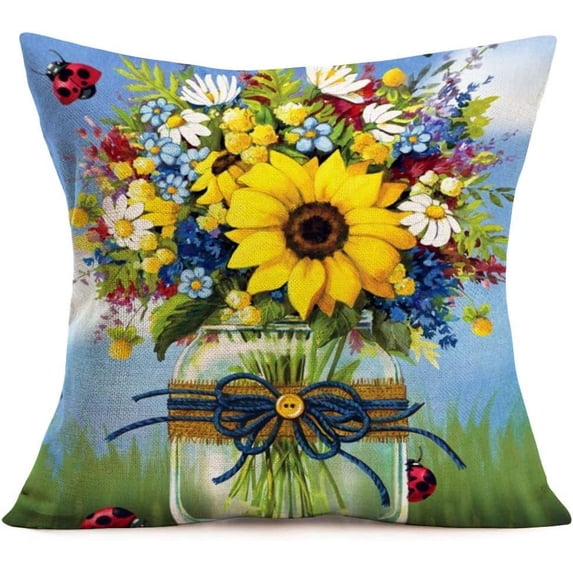 Flower Pillow Covers Bouquet of Wildflower with Sunflower Daisy Decorative Cotton Linen Vintage Yellow Green Floral Throw Pillow Cases Cushion Covers 18"x18" for Home Sofa Couch (G Floral)