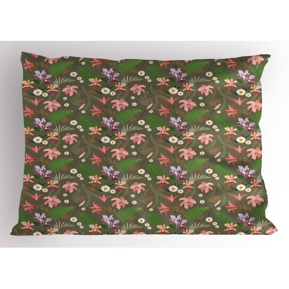 Flower Pillow Sham, Ornamental Garden Art Motifs Spring Season Growth Pattern with Ferns and Flowers, Decorative Standard Size Printed Pillowcase, 26 X 20 Inches, Multicolor, by Ambesonne