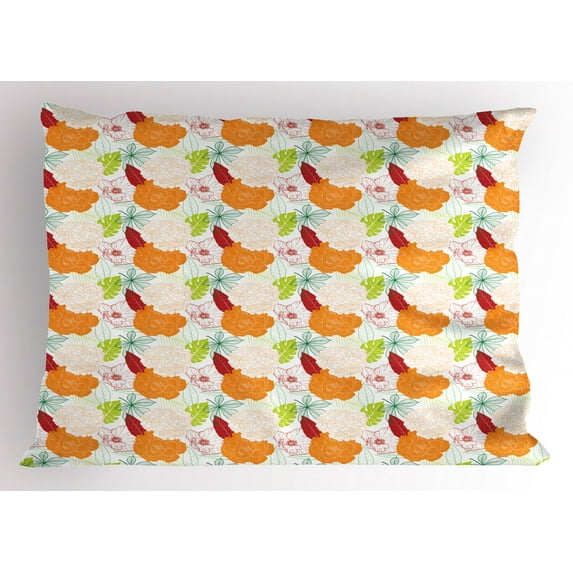 Flower Pillow Sham, Rose Hibiscus Dahlia Bloom Bouquets with Contours Summer Buds Leaves Beauty Garden, Decorative Standard Size Printed Pillowcase, 26 X 20 Inches, Multicolor, by Ambesonne