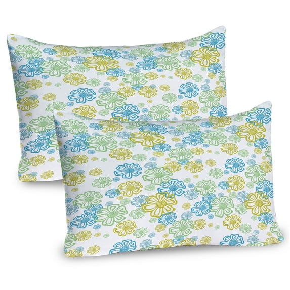 Flower Pillow Sham Set of 2, Ornate Floral Endless Pattern with Flowers Flourish Modern Doodle Style, Quality Microfiber Bedding Item for All Seasons, 26" x 20", Blue Green Apple Green, by Ambesonne