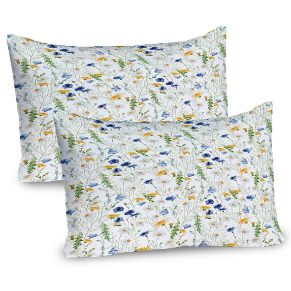 Flower Pillow Sham Set of 2, Wild Flowers Poppies and Daisies Rural Nature Scenery in Meadows Rustic, Quality Microfiber Bedding Item for All Seasons, 26" x 20", Pale Green Yellow Blue, by Ambesonne