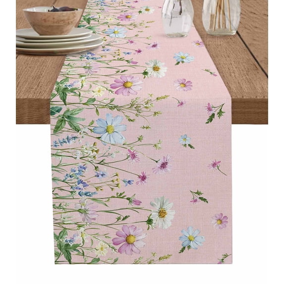Flower Pink Burlap Cotton Table Runner 14x72 Inches Long, Blue Pink Daisy Wildflower Floral Botanical Farmhouse Table Runners, Outdoor Dining Tablecloths Decor for Baby Shower/Party/Wedding