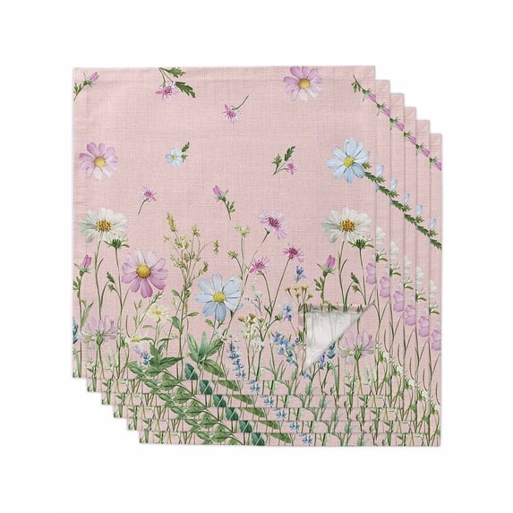 Flower Pink Cloth Napkins Set of 6 Reusable Dinner Napkins, Blue Pink Daisy Wildflower Floral Botanical Cocktail Napkin Washable Table Napkins for Wedding/Holiday Party/Baby Shower 20"x20"