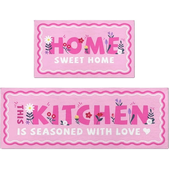Flower Pink Kitchen Mats for Floor Set of 2, Flower Floor Mat Carpet Runner Area Rug Washable, Pink Home Kitchen Decor and Accessories Stuff, 17x30 and 17x47 Inch