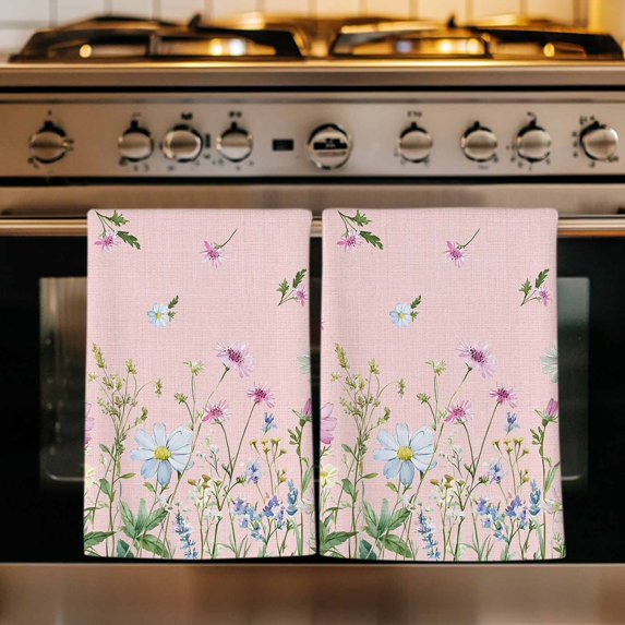 Flower Pink Kitchen Towels Set of 4, Blue Pink Daisy Wildflower Floral Botanical Absorbent Dish Towels for Kitchen, Microfiber Hand Towel, Quick Drying Tea Towel for Cleaning Decorative Dishcloths