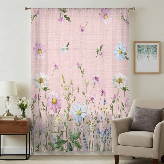 Flower Pink Sheer Curtains 72 Inches Long, Blue Pink Daisy Wildflower Floral Botanical Light Filering Curtains, Breathable Simi Curtain Privacy Drapes for Living Room Bedroom Window Treatment