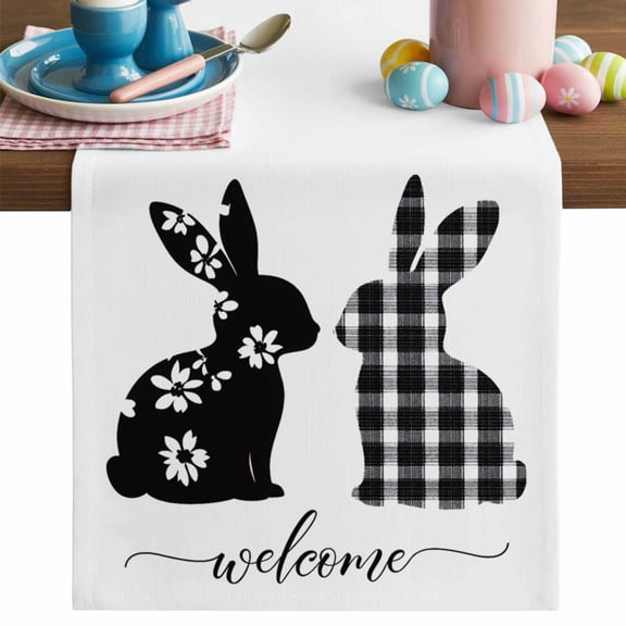 Flower Plaid Bunny Table Runner, Spring Rabbit Cotton Linen Kitchen Table Decoration Washable Dining Tabletop Runners for Home Party Decor 13x36 Inches