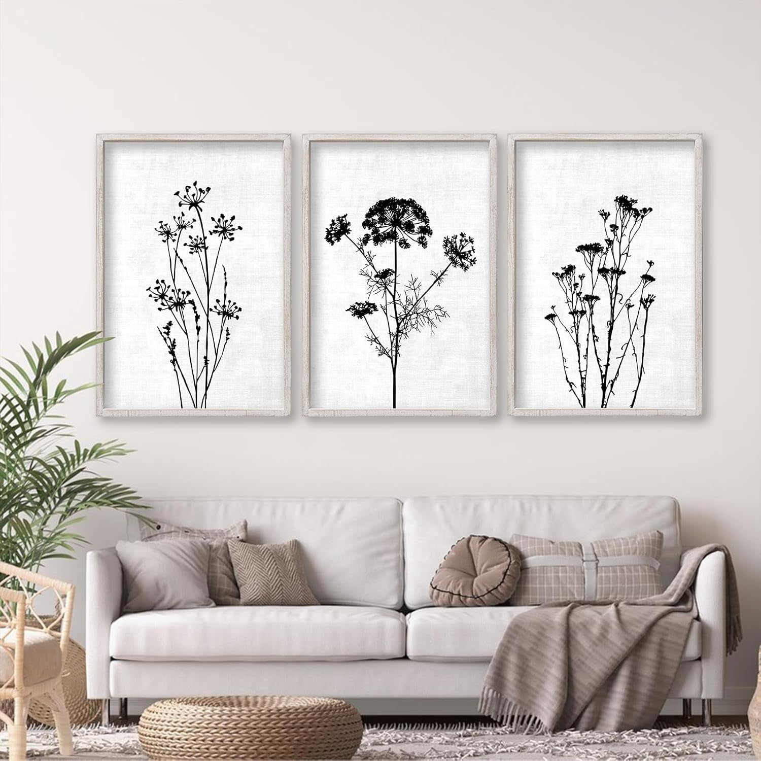Flower Plant Wall Art Decor 16"x11" Set of 3 Black And White Botanical ...
