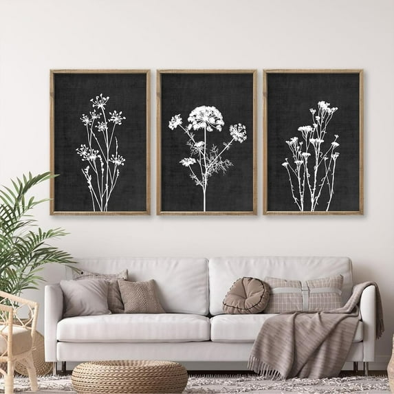 Flower Plant Wall Art Decor 16"x11" Set of 3 Black And White Botanical Painting Wood d For Minimalist Bedroom Office Rustic Living Room Abstract Wildflower Sign Hanging (Wood White)