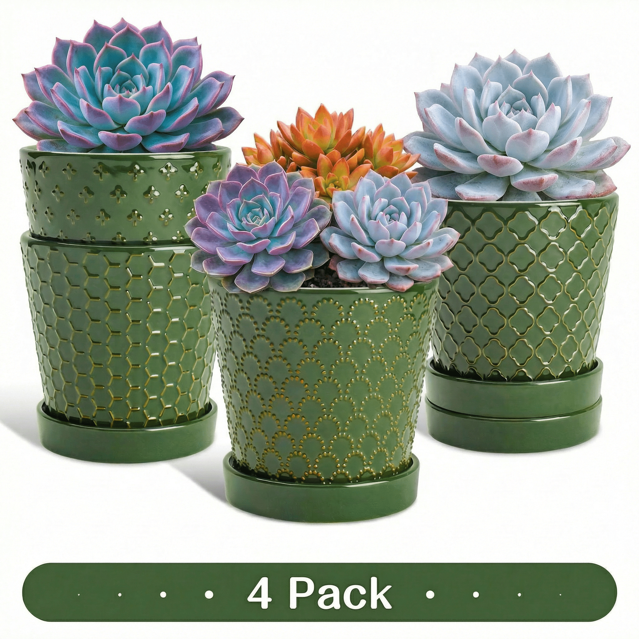 BUYMAX 5 inch Blackish Green Ceramic Indoor Plant Pots with Drainage Holes and Tray, Relief Design, Set of 4, Modern Minimalist Decor