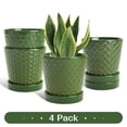 thumbnail image 1 of BUYMAX 5 inch Blackish Green Ceramic Indoor Plant Pots with Drainage Holes and Tray, Relief Design, Set of 4, Modern Minimalist Decor, 1 of 9