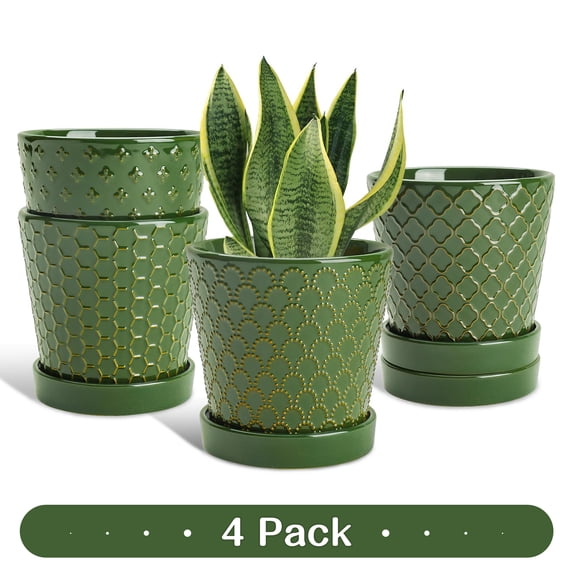 BUYMAX 5 inch Blackish Green Ceramic Indoor Plant Pots with Drainage Holes and Tray, Relief Design, Set of 4, Modern Minimalist Decor