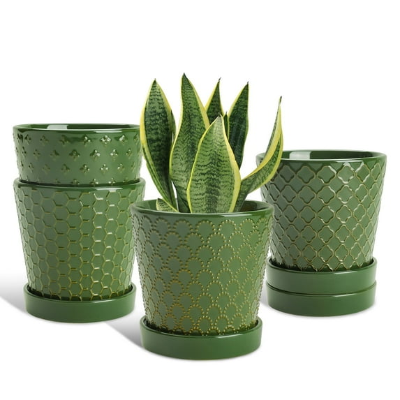 BUYMAX 5 inch Blackish Green Ceramic Indoor Plant Pots with Drainage Holes and Tray, Relief Design, Set of 4, Modern Minimalist Decor