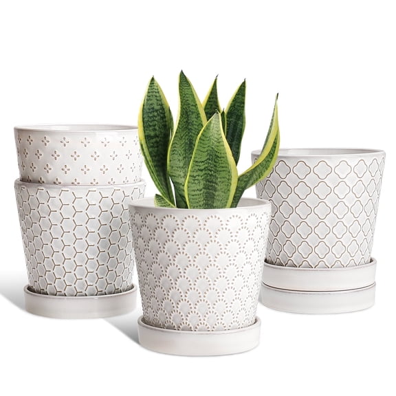 BUYMAX 5" White Ceramic Indoor Plant Pot with Drainage Holes & Tray, Relief Design Small Flower Pots, Set of 4, Modern Desktop Office Windowsill Decor