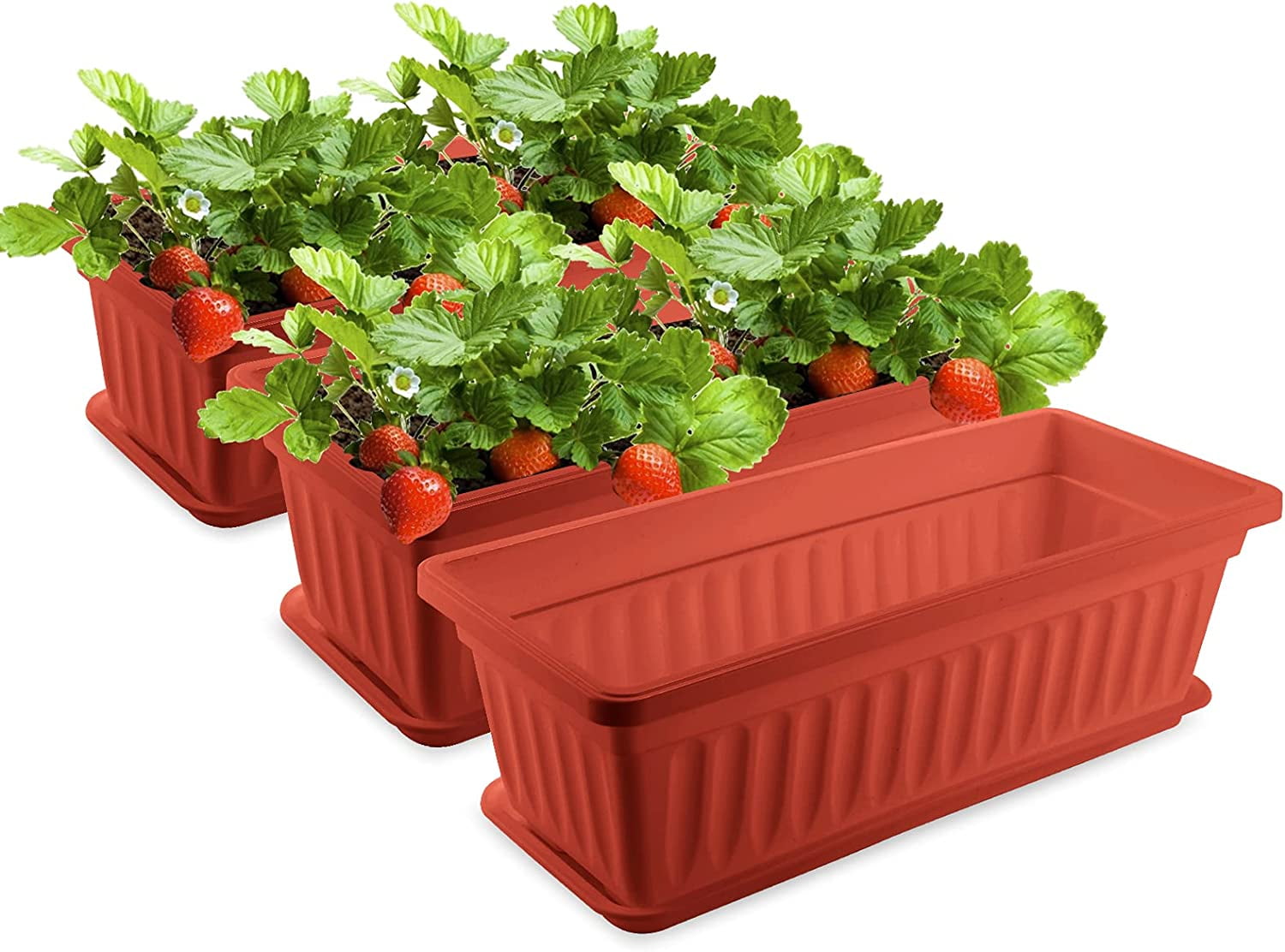 Flower Planters 17 Inches Plastic Vegetable Plant Pot Rectangular Planters with Trays for Windowsill, Patio, Porch, Garden, Home Decor (Red) 3 Pack