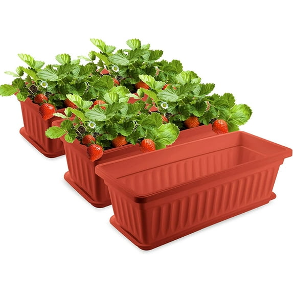 Flower Planters 17 Inches Plastic Vegetable Plant Pot Rectangular Planters with Trays for Windowsill, Patio, Porch, Garden, Home Decor (Red) 3 Pack