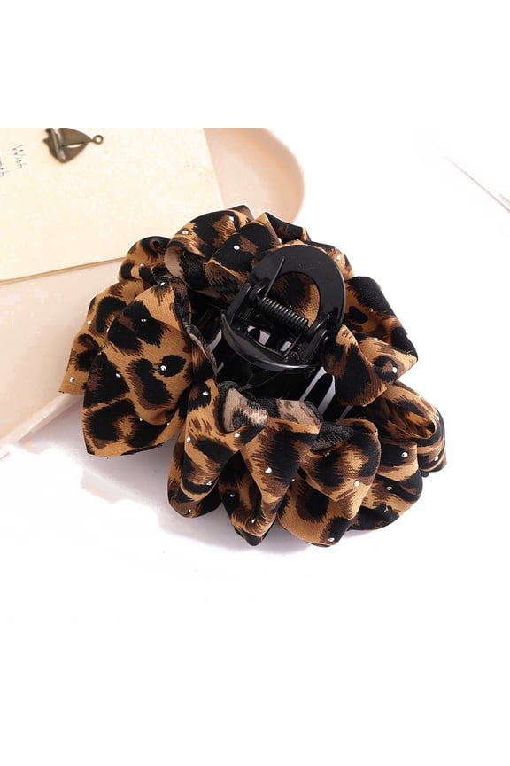 Flower Plastic Claw Hair Clips Hair Accessories for Women & Girls Leopard Print Pattern Coconut Brown 130x100mm