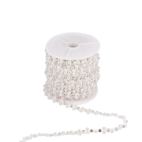 Flower Plastic Imitation Pearl Beaded Trim Garland Strands with Spool Glass Rhinestones for Wedding White 9x3mm 10yards/roll