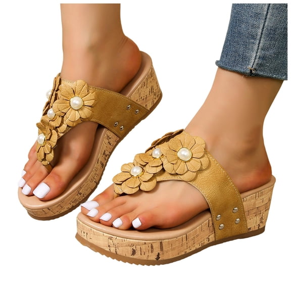 Flower Platform Flip Flop Sandals for Women Boho Beach Chunky Wedge High Heel Slides Slip on Dress Thong