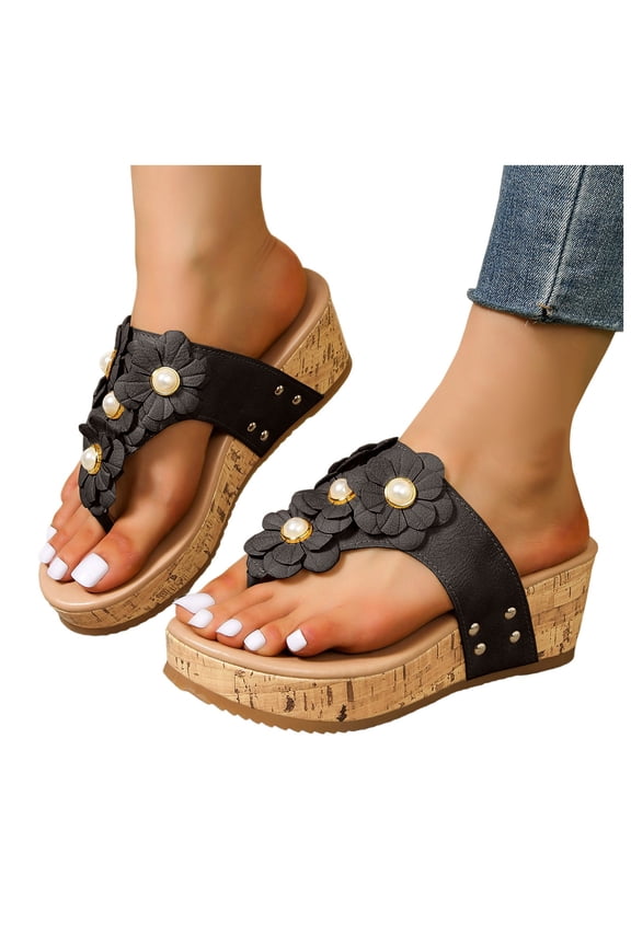 Flower Platform Flip Flop Sandals for Women Boho Beach Chunky Wedge High Heel Slides Slip on Dress Thong