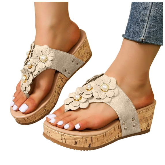 Flower Platform Flip Flop Sandals for Women Boho Beach Chunky Wedge High Heel Slides Slip on Dress Thong
