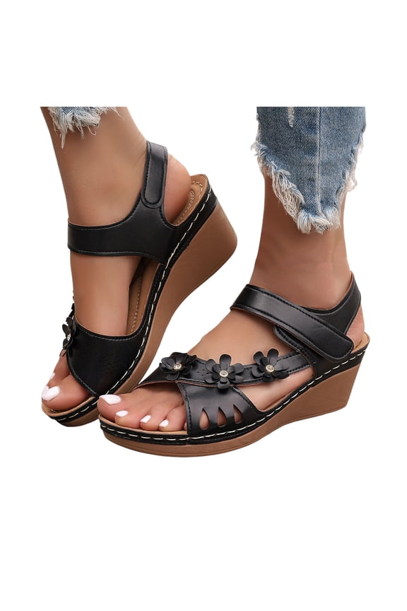 Flower Platform Wedge Sandals for Women 2025 Fashion Comfortable Rhinestones Arch Support Dressy Sandals