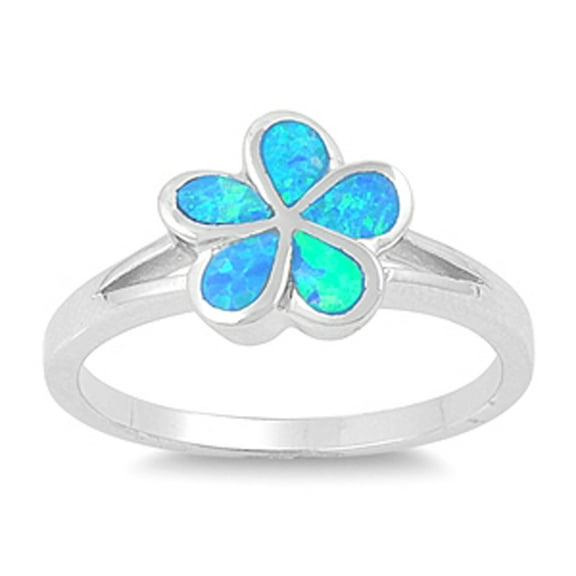 Flower Plumeria Blue Simulated Opal Promise Ring .925 Sterling Silver Band CZ Female Size 9