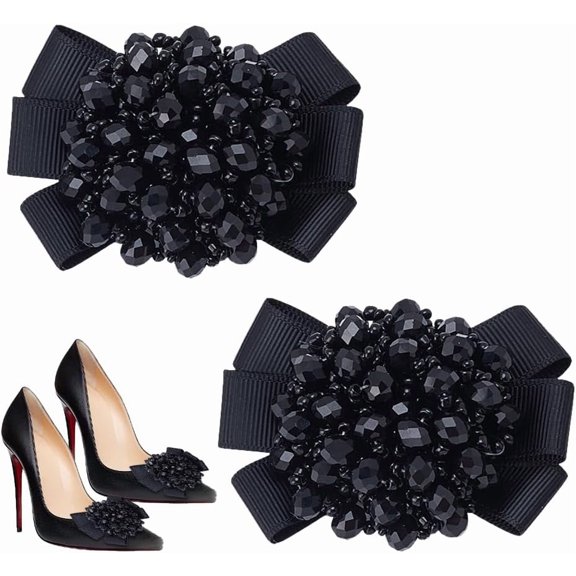 Flower Polyester Crystal Shoe Decoration Detachable Shoe Buckle Clips Black 55x75x25mm