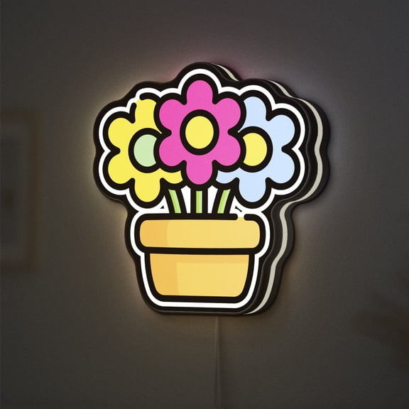 Flower Pot 3D Novelty Light Box, Custom Text Option, Garden Botanical Lamp Decor for Plant Lovers, Gardening Rooms and Nature Homes (Width 8 inch, 20cm)