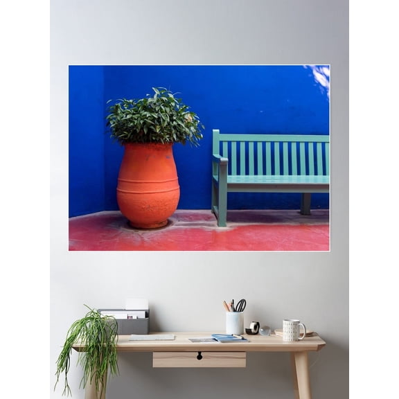 Flower-Pot And Bench, Majorelle Garden, Marrakech Poster Wall Art, Modern Wall Decor For Living Room Bedroom, 16x24 UNFRAMED