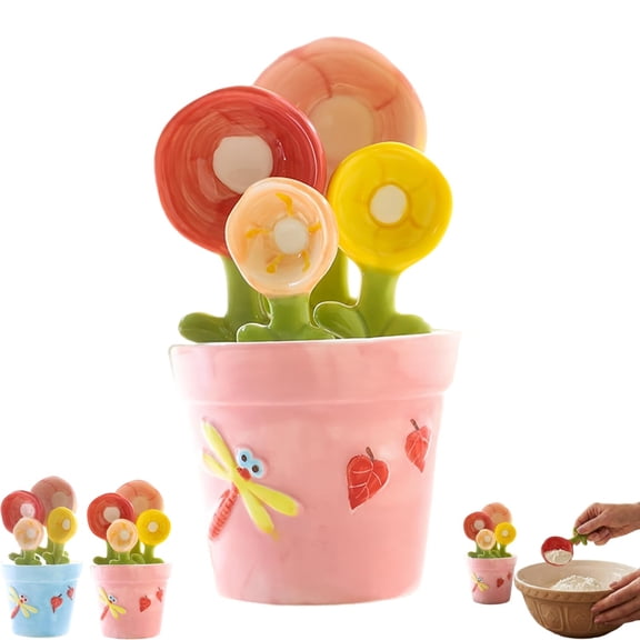 Flower Pot Ceramic Measuring Spoon Set – 4 Pcs Cute Flower Measuring Spoons & Cups with Base, Decorative Baking Tools for Home Kitchen